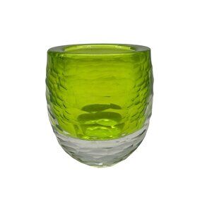 Faceted Green and Clear Art Glass Votive Holder Heavy Quality Glass Collectible